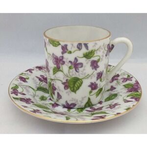 Demitasse espresso cup and saucer with purple and green violets Lefton 2120‎